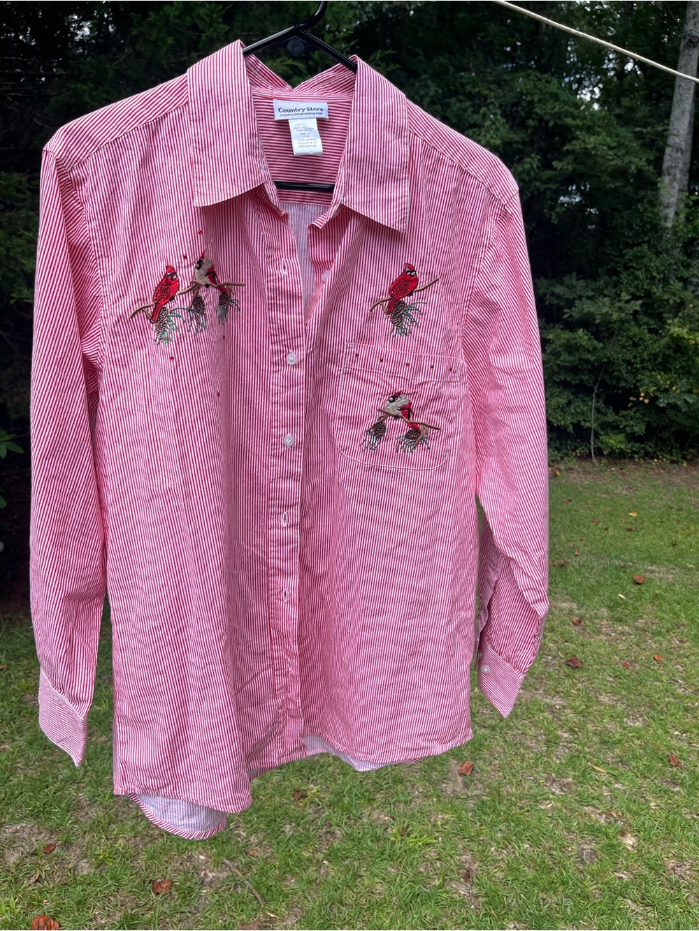 Country Roads Red Striped Button-Down Shirt with Cardinal Embroidery